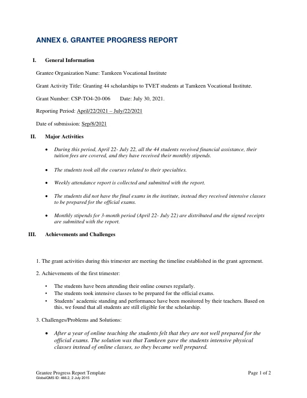 Grantee Progress Report Template