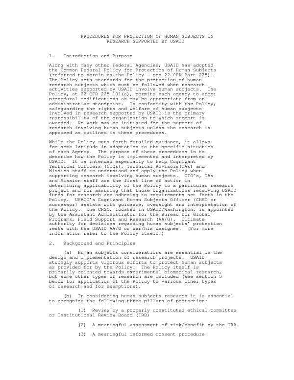 Procedures for Protection of Human Subjects in Research Supported by USAID
