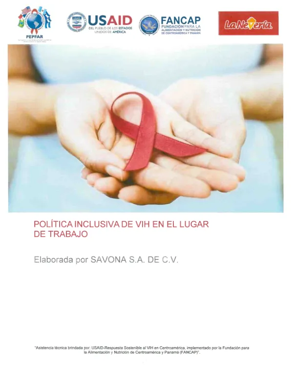 Política Inclusiva de VIH en el lugar de trabajo. Elaborada por SAVONA S.A. DE C.V.