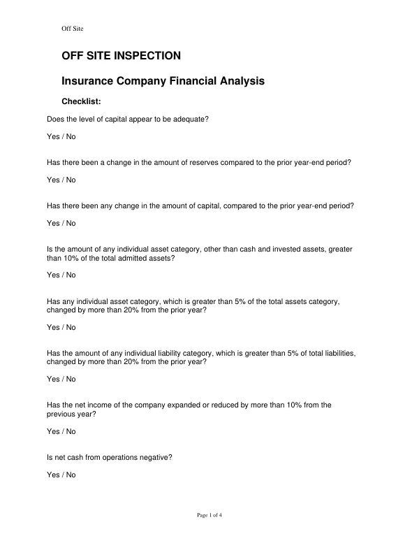 OFF SITE INSPECTION Insurance Company Financial Analysis