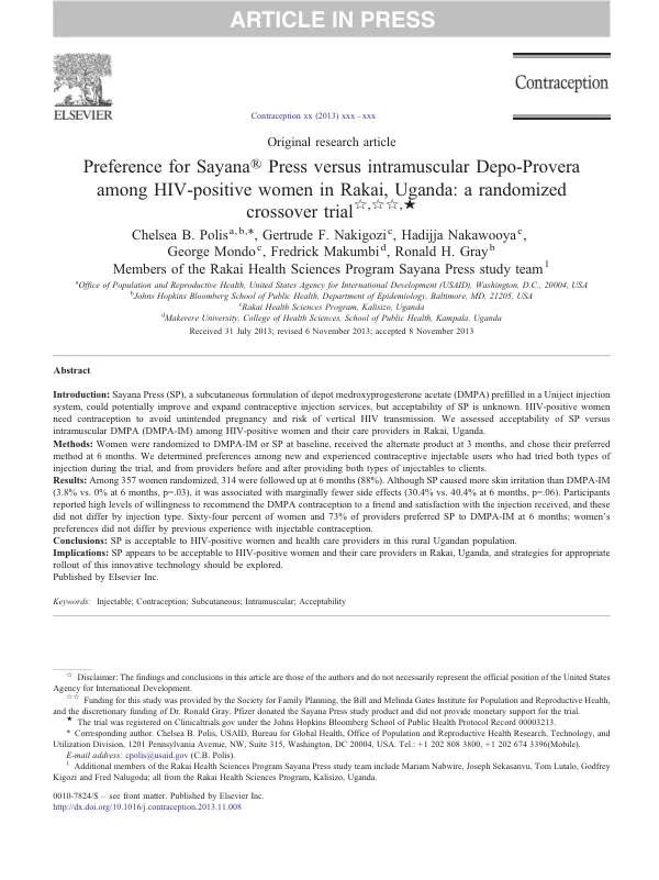 Preference for Sayana Press versus intramuscular Depo-Provera among HIV-positive women in Rakai, Uganda: a randomized crossover trial