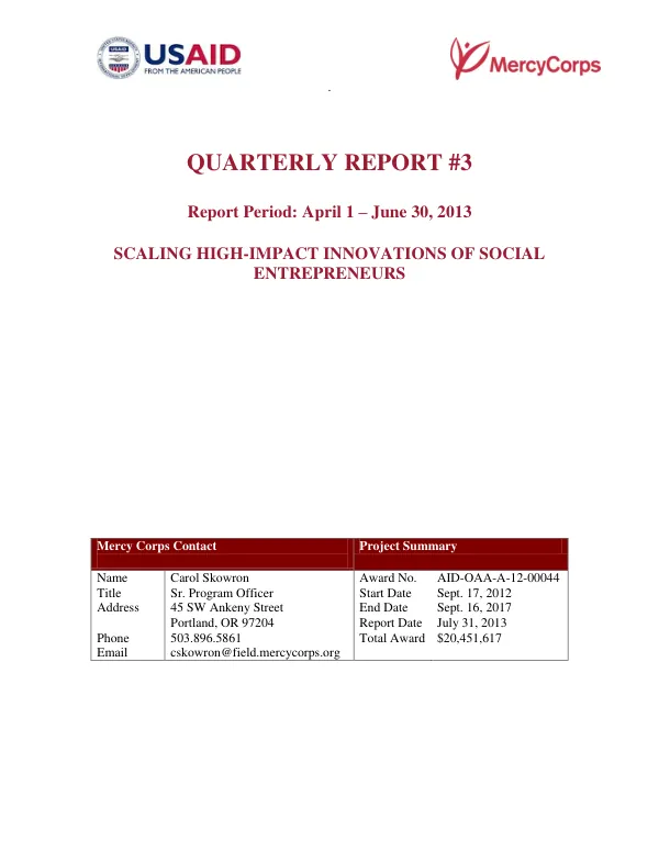 Scaling High-Impact Innovations of Social Entrepreneurs Quarterly Report 3
