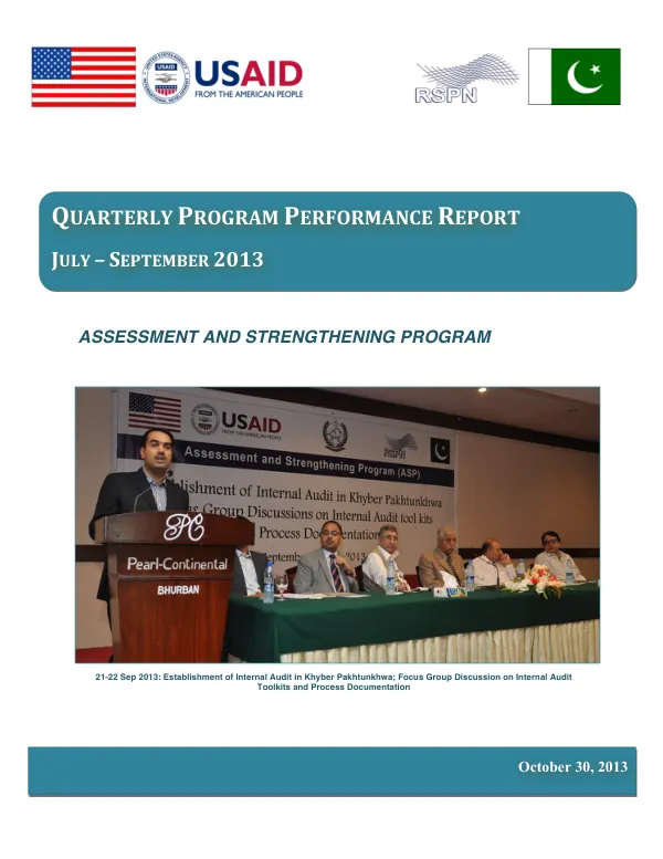 Quarterly Program Performance Report – Jul thru Sep 2013 Assessment & Strengthening Program