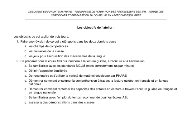 DOCUMENT DU FORMATEUR PHARE – PROGRAMME DE FORMATION DES PROFESSEURS DES IFM – REMISE DES CERTIFICATS ET PRÉPARATION AU COURS 103 EN APPROCHE ÉQUILIBRÉE