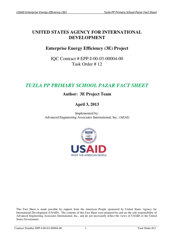 USAID Enterprise Energy Efficiency (3E) Project: Tuzla PP Primary School Pazar Fact Sheet