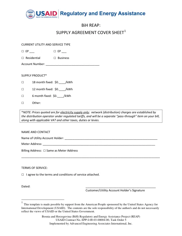 Supply Contract Template (May 2013) for Bosnia and Herzegovina (BiH) Regulatory and Energy Assistance Project (REAP)