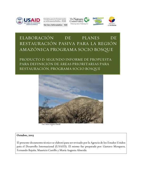 Segundo Informe de Propuesta para Definición de Áreas Prioritarias para Restauración, Programa Socio Bosque