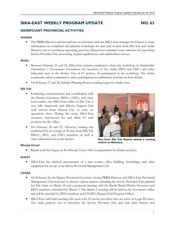 SIKA-EAST Weekly Program Update: February 22–28, 2013