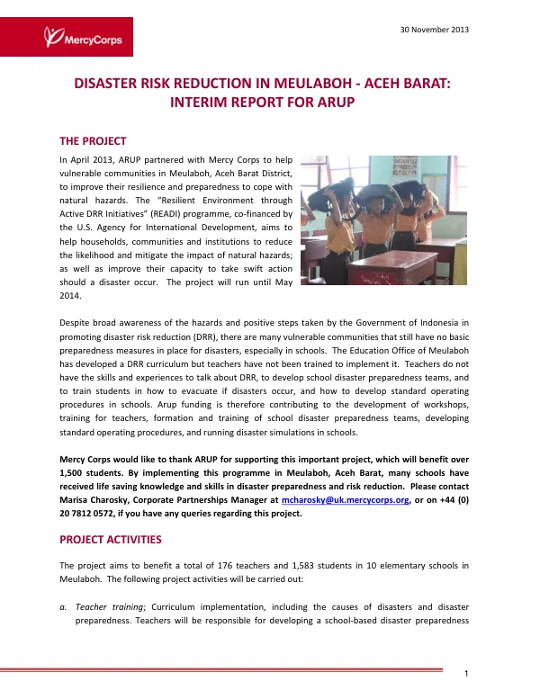 Disaster Risk Reduction in Meulaboh – Aceh Barat: Interim Report for ARUP