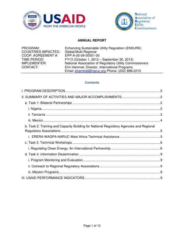 Annual Report: Enhancing Sustainable Utility Regulation (ENSURE) FY13