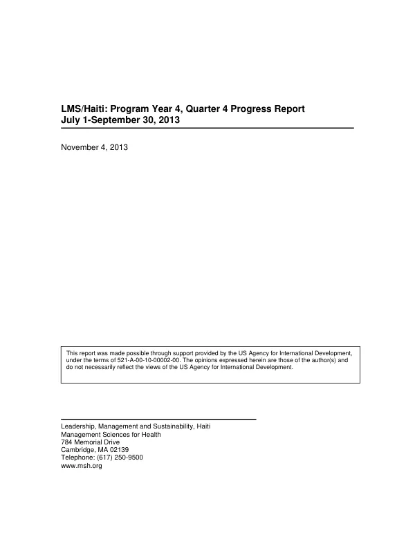 Leadership, Management and Sustainability Program in Haiti (LMS/Haiti) Quarterly Report: July –September 2013