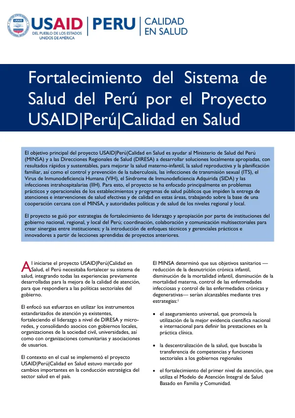 Fortalecimiento del Sistema de Salud del Perú por el Proyecto USAID|Perú|Calidad en Salud