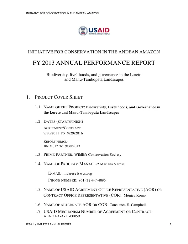 Initiative for Conservation in the Andean Amazon ICAA II / LMT FY13 Annual Report