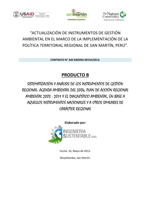 Actualización de Instrumentos de Gestión Ambiental en el Marco de la Implementación de la Política Territorial Regional de San Martín, Perú