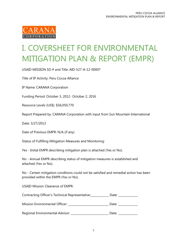 Environmental Mitigation Plan & Report for Peru Cocoa Alliance