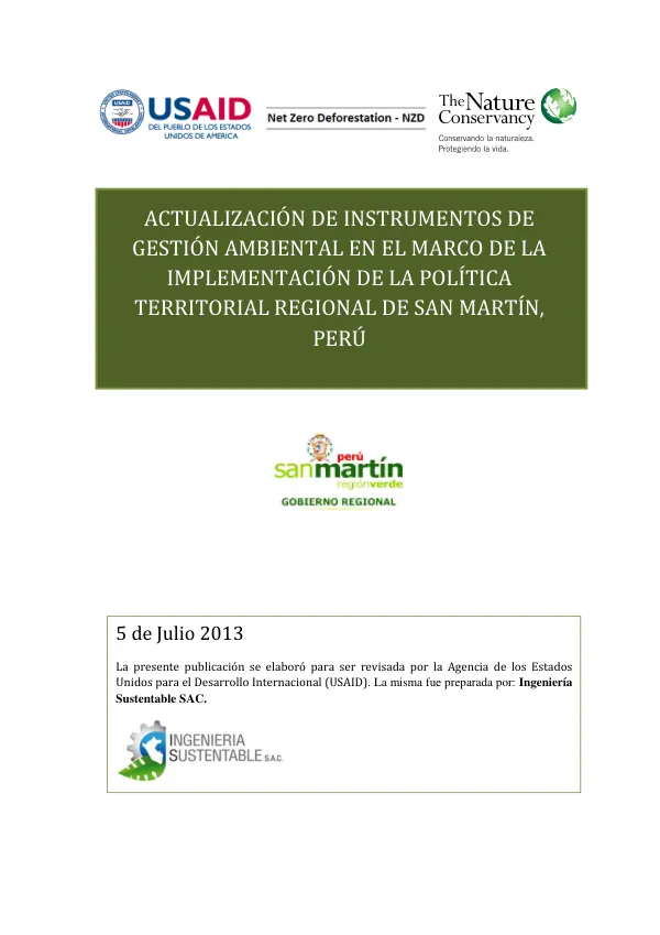 Actualización de Instrumentos de Gestión Ambiental en el Marco de la Implementación de la Política Territorial Regional de San Martín, Perú