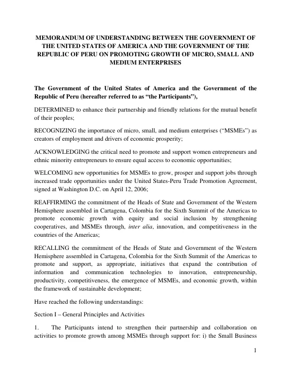 Memorandum of Understanding Between the Government of the United States of America and the Government of the Republic of Peru on Promoting Growth of Micro, Small and Medium Enterprises