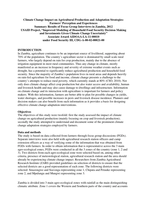 Climate Change Impact on Agricultural Production and Adaptation Strategies: Farmers’ Perception and Experiences Summary Results of Focus Group Interviews in Zambia, 2012