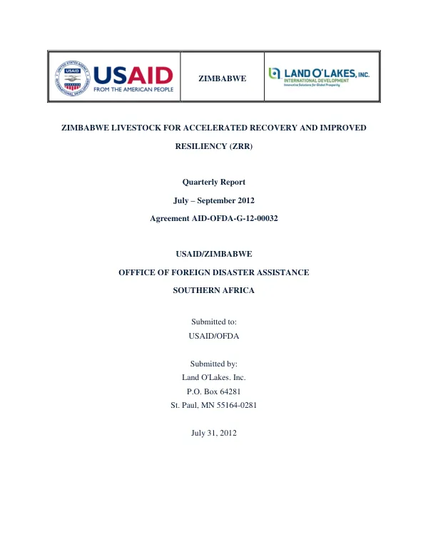 Zimbabwe Livestock for Accelerated Recovery and Improved Resiliency (ZRR) Quarterly Report July – September 2012