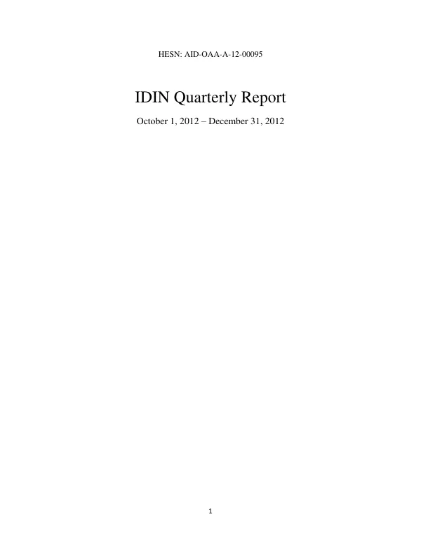 IDIN Quarterly Report October 1, 2012 – December 31, 2012