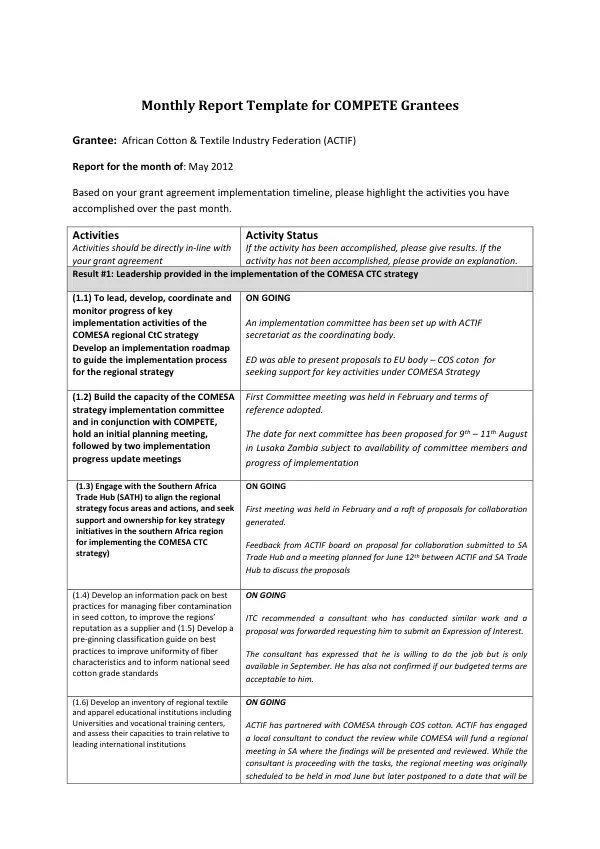 Monthly Report Template for COMPETE Grantees