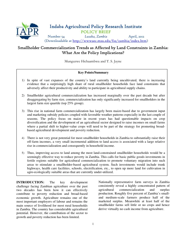 Smallholder Commercialization Trends as Affected by Land Constraints in Zambia: What Are the Policy Implications?