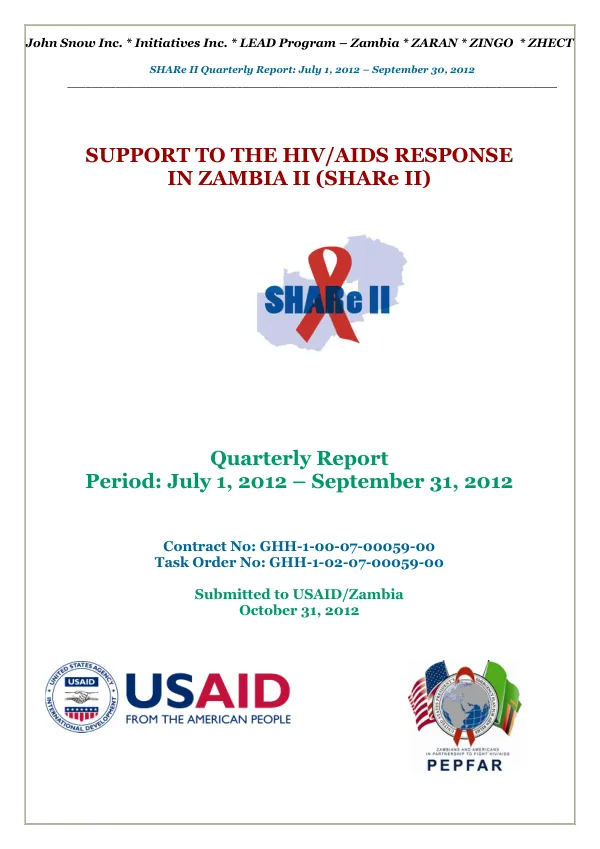 SHARe II Quarterly Report: July 1, 2012 – September 30, 2012
