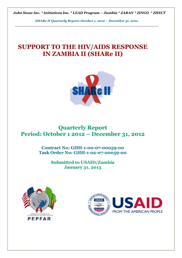 SHARe II Quarterly Report: October 1, 2012 – December 31, 2012