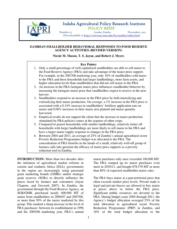 Zambian Smallholder Behavioral Responses to Food Reserve Agency Activities (Revised Version)