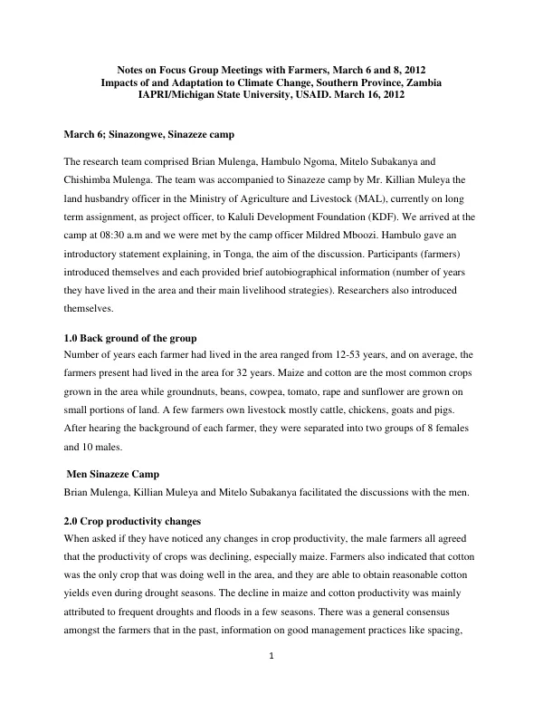 Notes on Focus Group Meetings with Farmers, March 6 and 8, 2012