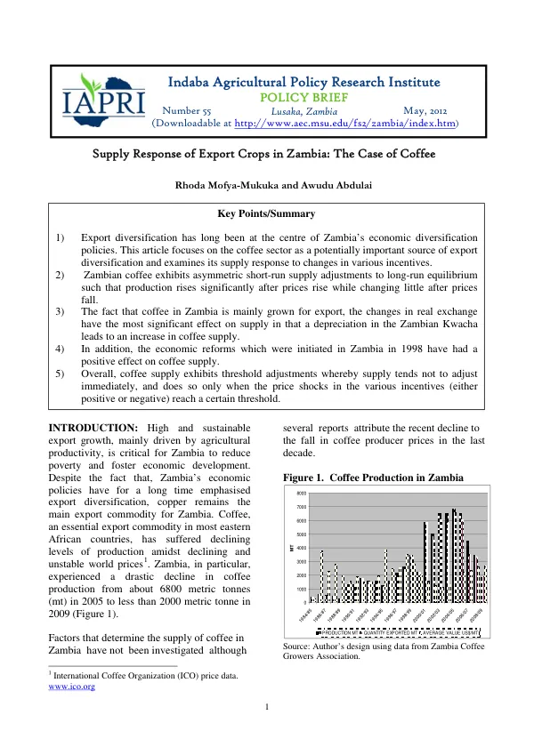 Supply Response of Export Crops in Zambia: The Case of Coffee