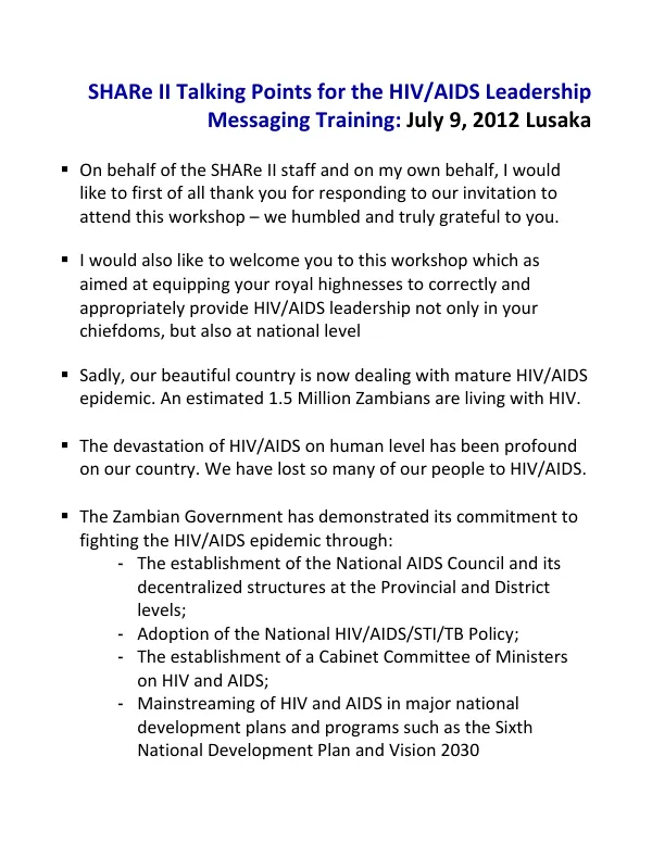 SHARe II Talking Points for the HIV/AIDS Leadership Messaging Training