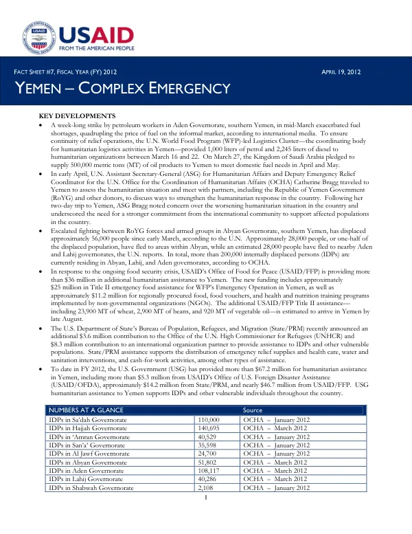 USAID-DCHA Yemen Complex Emergency Fact Sheet #7 - FY 2012