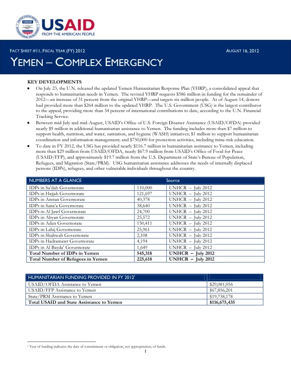 Yemen – Complex Emergency Fact Sheet #11, Fiscal Year (FY) 2012