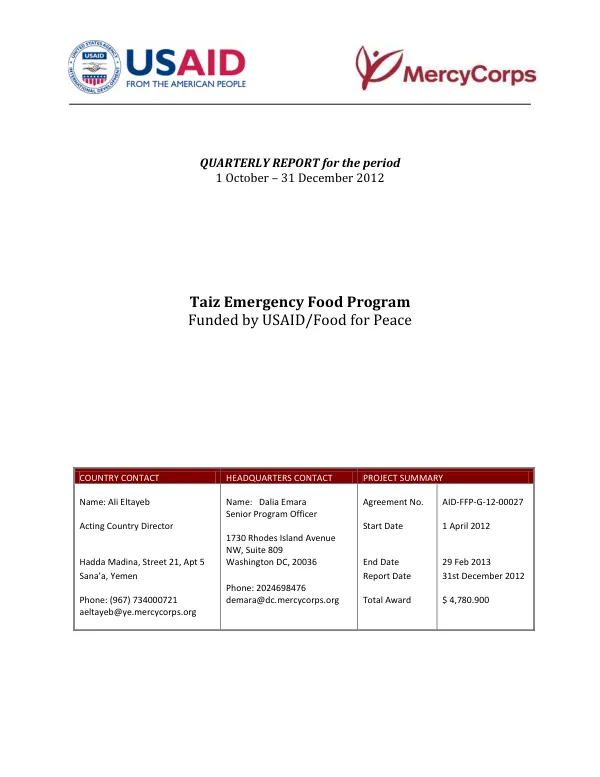 Taiz Emergency Food Program 3rd QUARTERLY REPORT