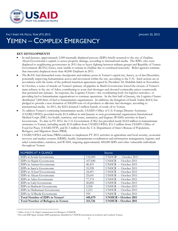 Yemen Complex Emergency FS#4 01-25-2012