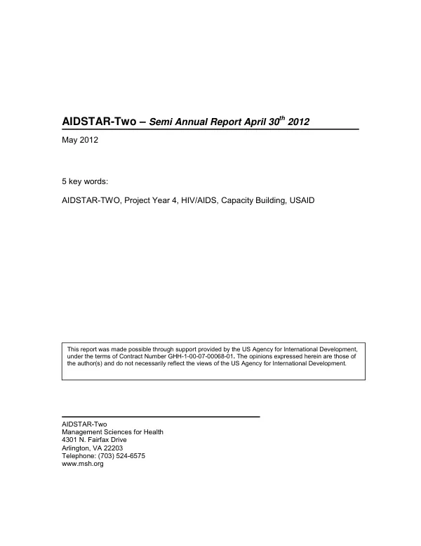 AIDSTAR-Two Semi-Annual Performance Report, Project Year 4