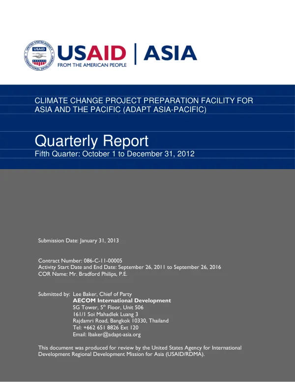 Climate Change Project Preparation Facility for Asia and the Pacific (ADAPT Asia-Pacific) Quarterly Report Fifth Quarter: October 1 to December 31, 2012