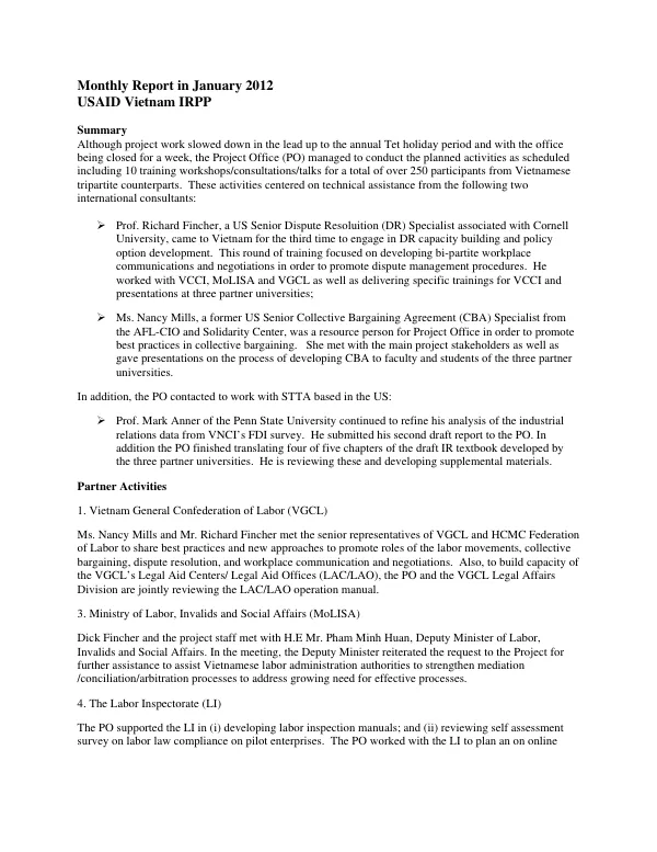 USAID Vietnam IRPP Monthly Report January 2012