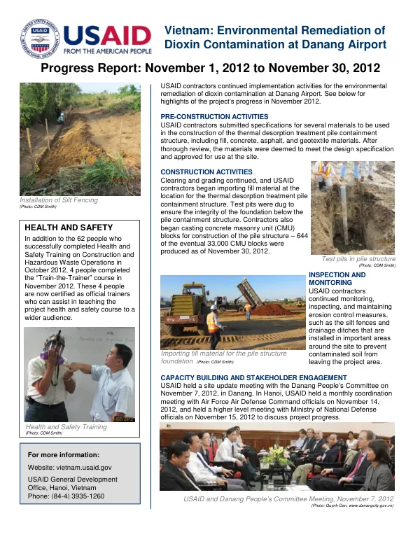 Vietnam: Environmental Remediation of Dioxin Contamination at Danang Airport Progress Report: November 1, 2012 to November 30, 2012