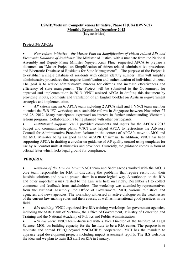 USAID/VNCI II Monthly Report December 2012