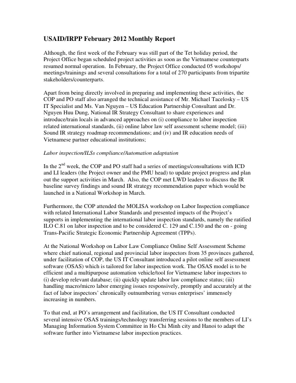 USAID/IRPP February 2012 Monthly Report