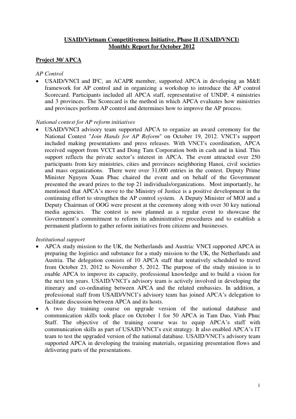 USAID/VNCI II Monthly Report October 2012