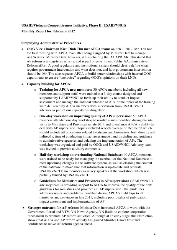 USAID/VNCI II Monthly Report February 2012