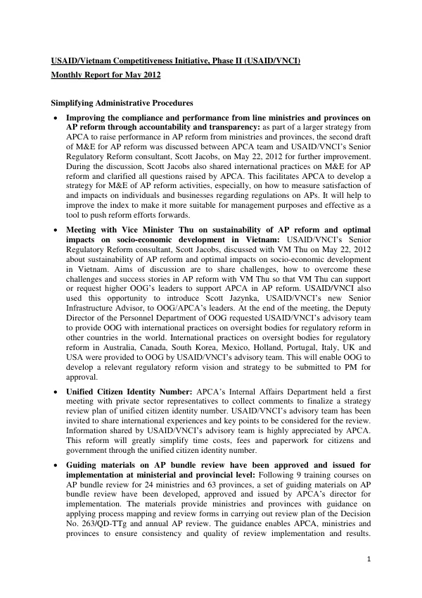 USAID/VNCI II Monthly Report May 2012