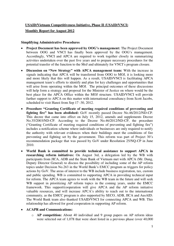 USAID/VNCI II Monthly Report August 2012