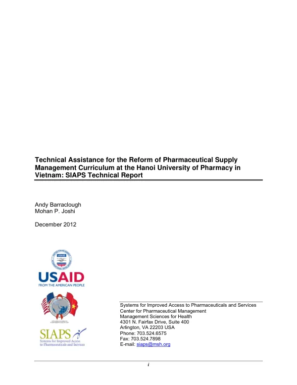 Technical Assistance for the Reform of Pharmaceutical Supply Management Curriculum at the Hanoi University of Pharmacy in Vietnam: SIAPS Technical Report