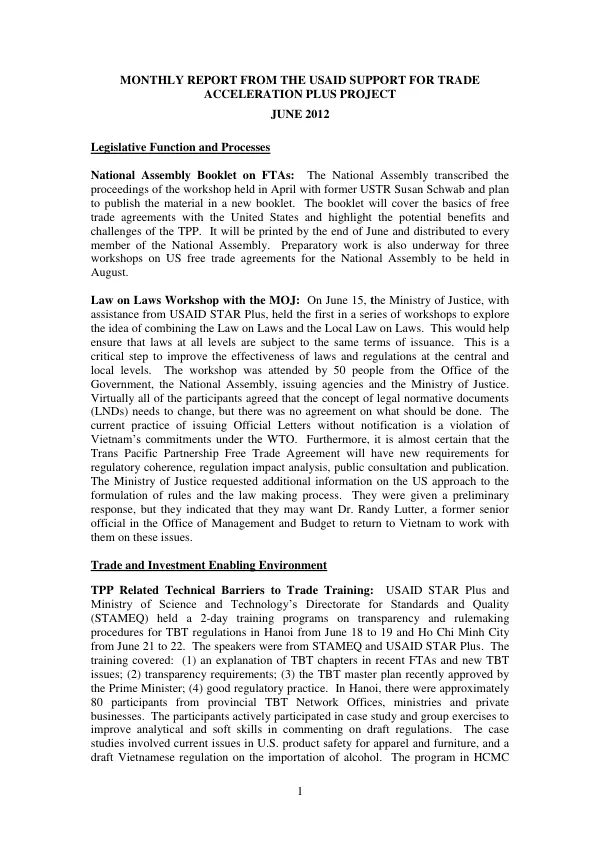 USAID STAR Plus Monthly Report for June 2012