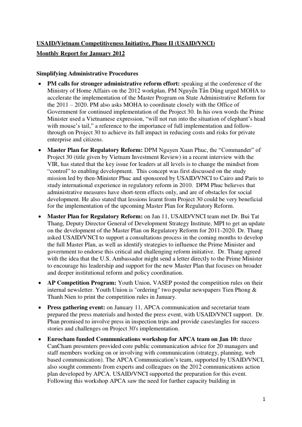 USAID/Vietnam Competitiveness Initiative, Phase II (USAID/VNCI) Monthly Report for January 2012