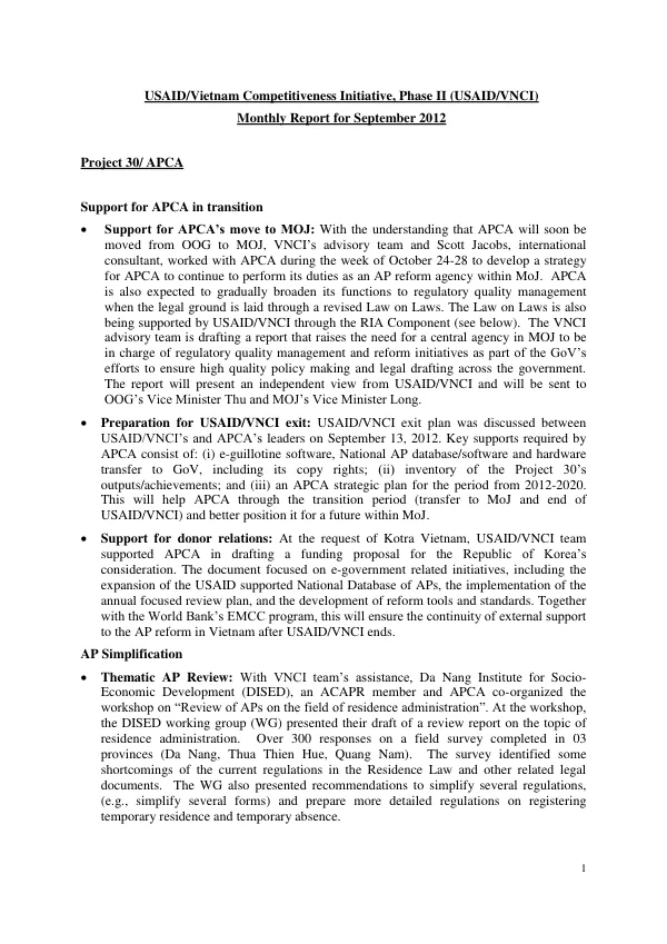 USAID/VNCI II Monthly Report September 2012